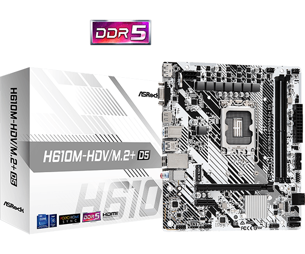Tarjeta Madre ASRock H610M-HDV/M.2+ D5 LGA1700 2*DDR5 M.2 DP HDMI VGA mATX