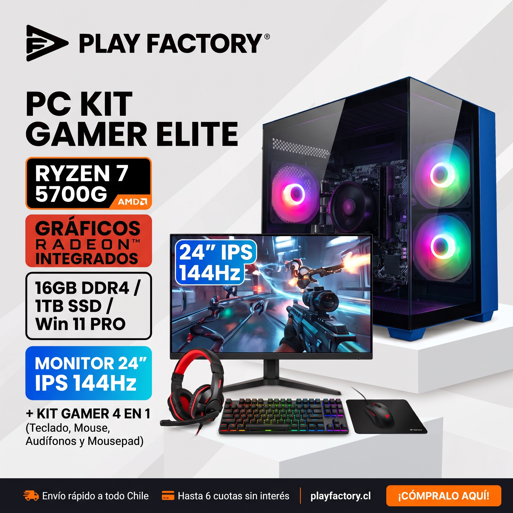 PC Gamer Kit Apex AMD Ryzen 7 5700G Radeon Vega 8 16GB DDR4 1TB SSD Monitor 24 IPS Teclado Mouse