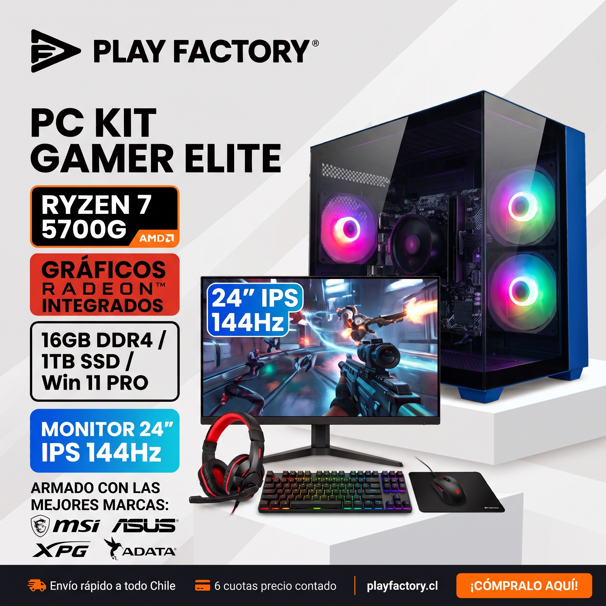 PC Gamer Kit Apex AMD Ryzen 7 5700G Radeon Vega 8 16GB DDR4 1TB SSD Monitor 24 IPS Teclado Mouse - Imagen 2