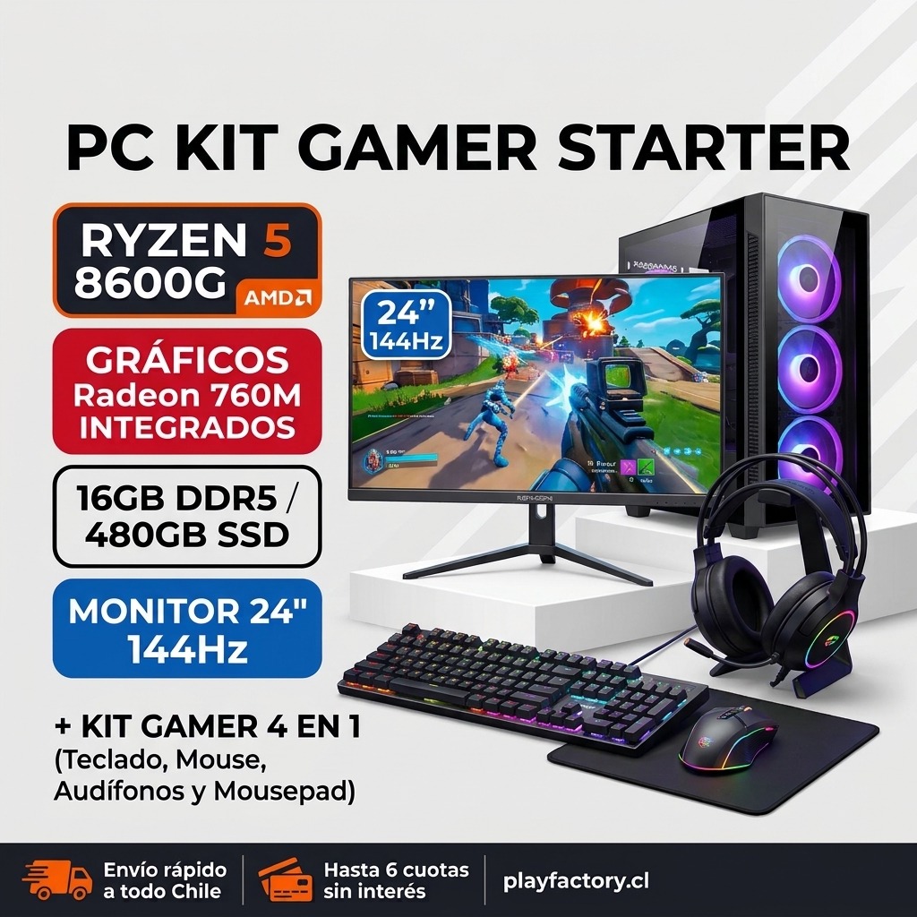 PC Gamer Starter AMD Ryzen 5 8600G Radeon 760M 16GB DDR5 SSD 480GB Kit Monitor y Periféricos